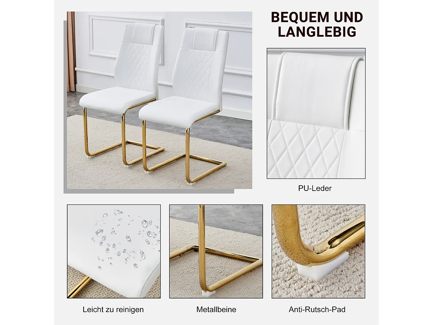 Lot de 4 Chaise cantilever en simili cuir - Pièds en métal doré - Dossier à motif losange - Blanc