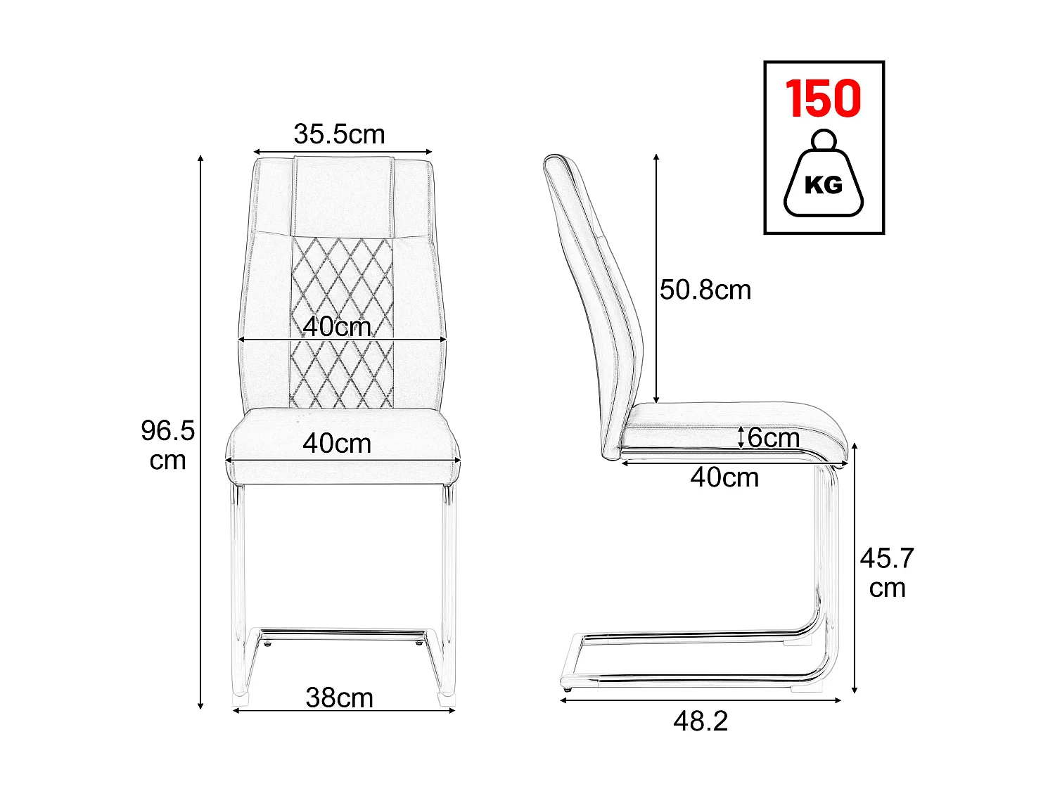 Lot de 4 Chaise cantilever en simili cuir - Pièds en métal doré - Dossier à motif losange - Blanc