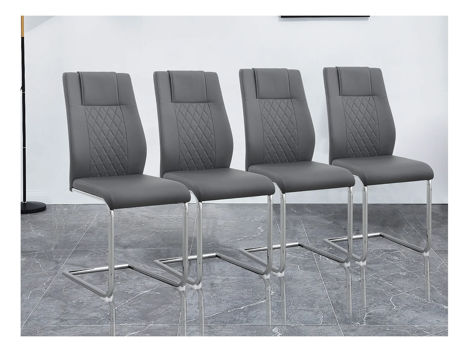 Set van 4 kunstleren sledestoelen - metalen poten - rugleuning ruitpatroon - grijs