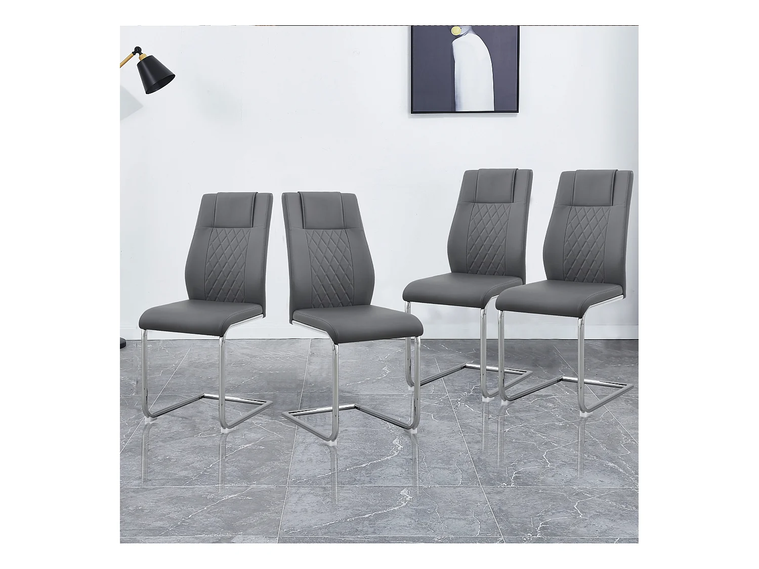 Lot de 4 Chaise cantilever en simili cuir - pièds en métal - dossier à motif losange - Gris