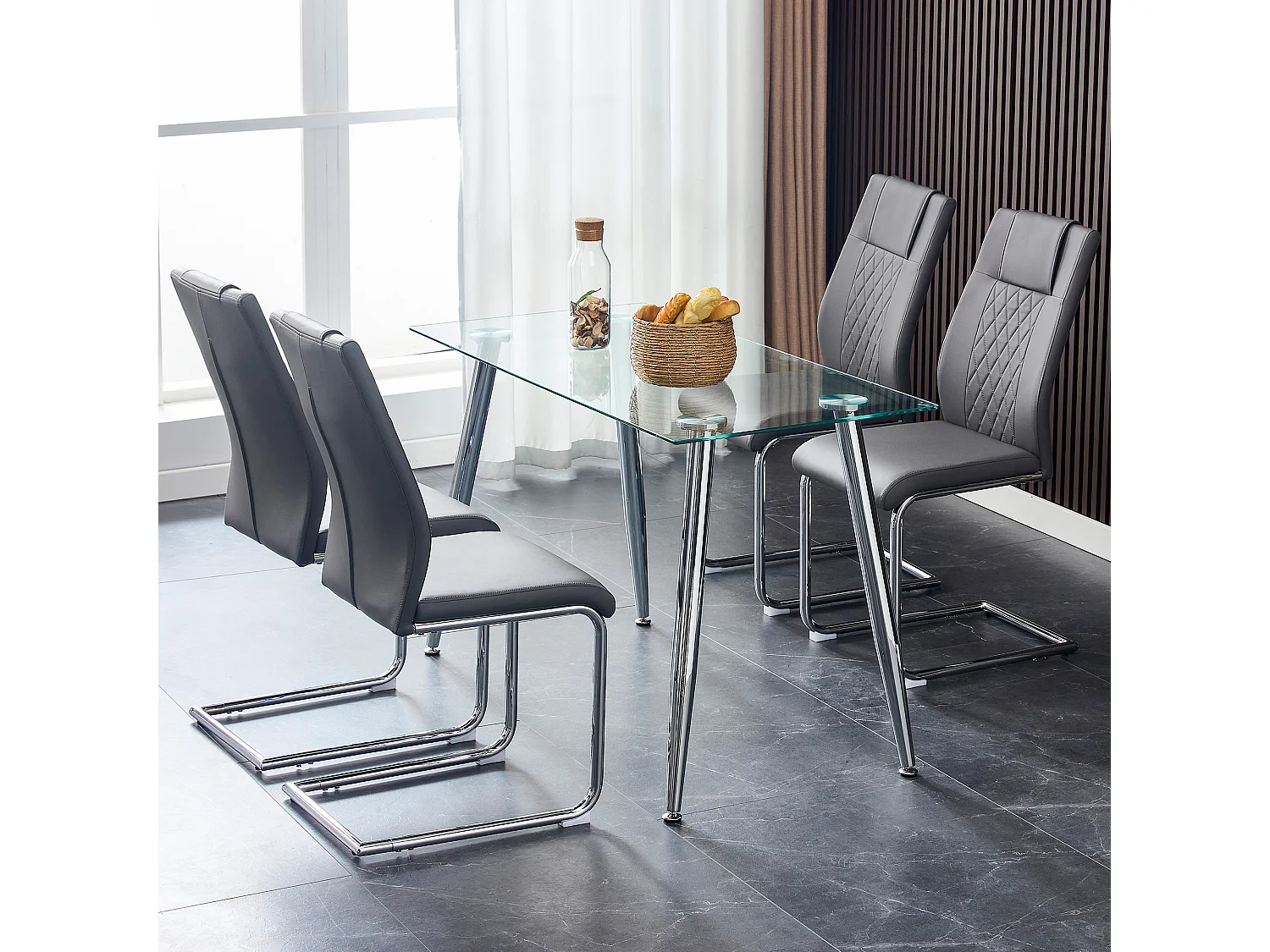 Lot de 4 Chaise cantilever en simili cuir - pièds en métal - dossier à motif losange - Gris