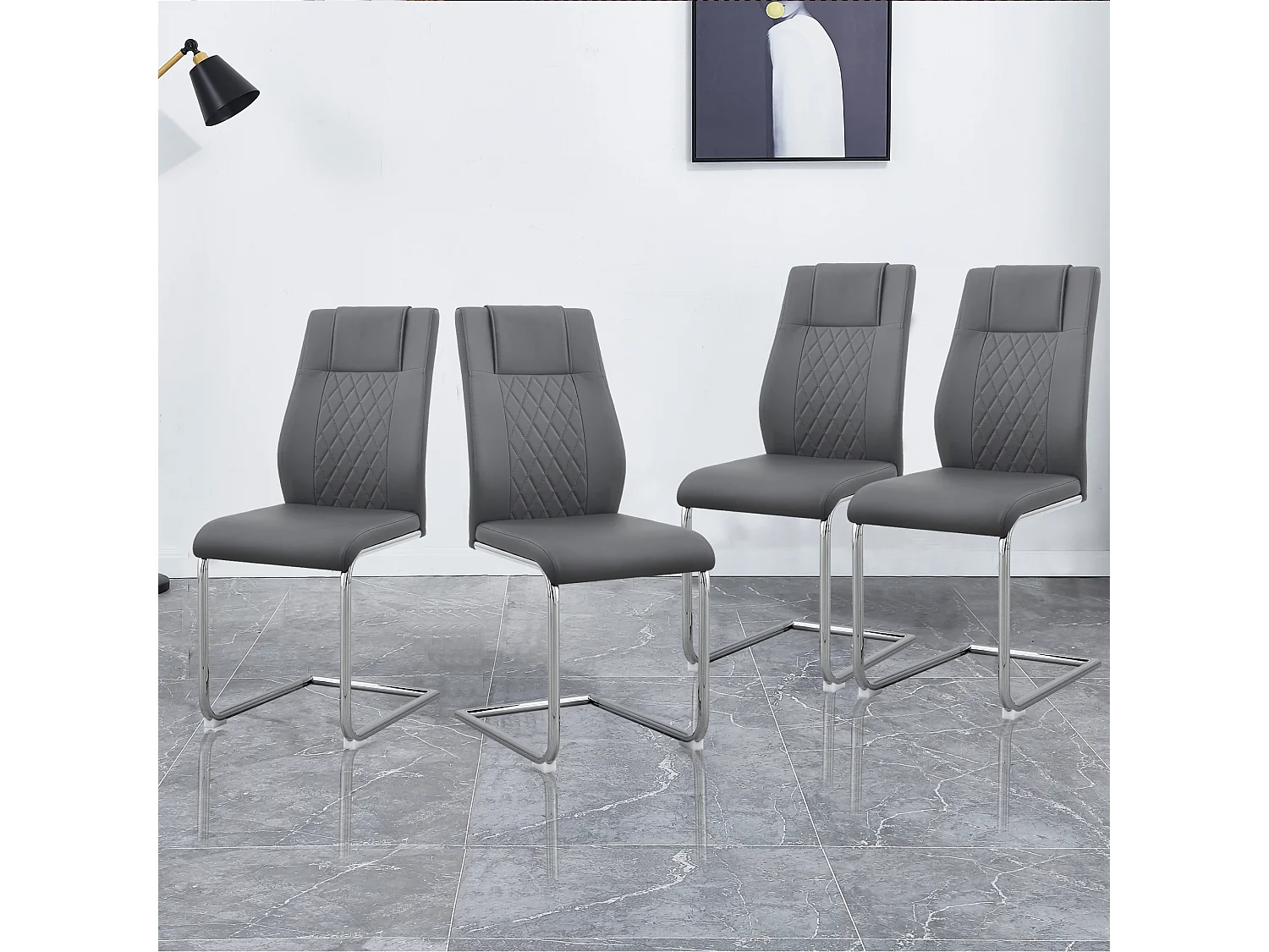 Lot de 4 Chaise cantilever en simili cuir - pièds en métal - dossier à motif losange - Gris