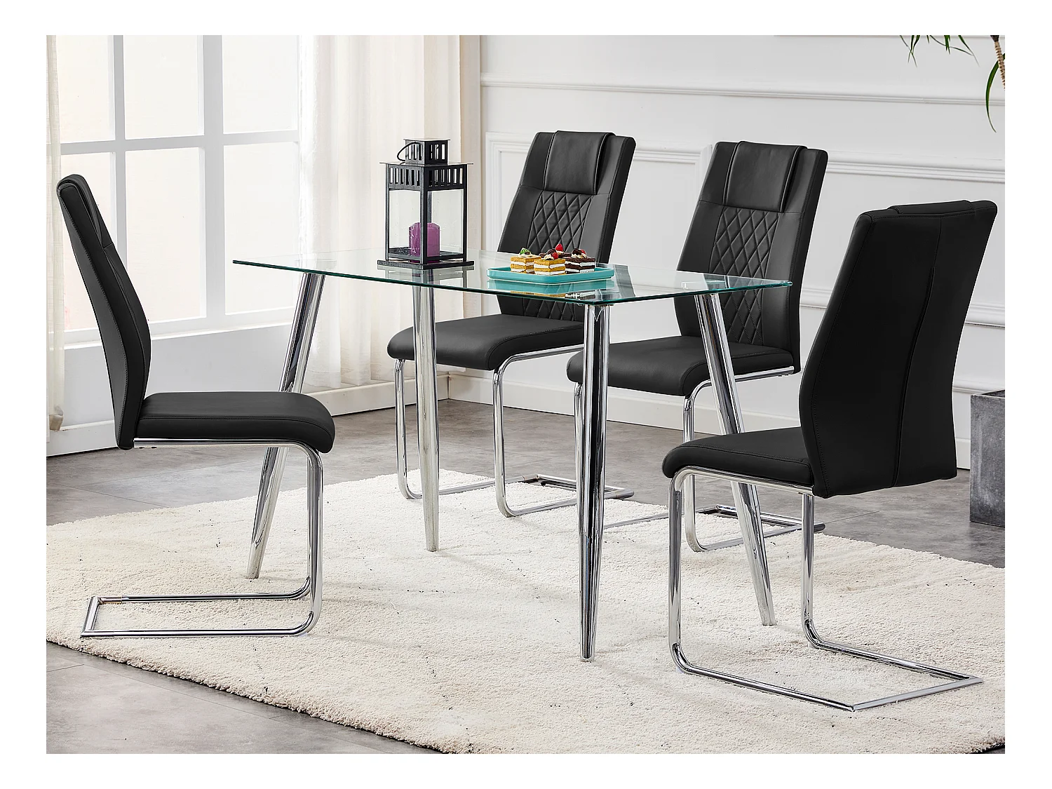 Lot de 4 Chaise cantilever en simili cuir - Pièds en métal - Dossier à motif losange - Noir