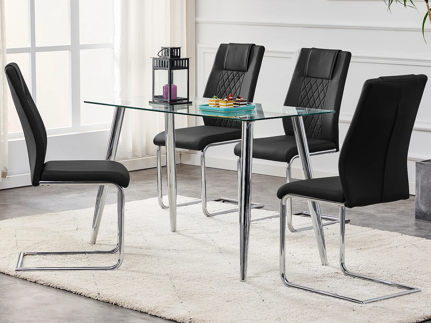 Lot de 4 Chaise cantilever en simili cuir - Pièds en métal - Dossier à motif losange - Noir