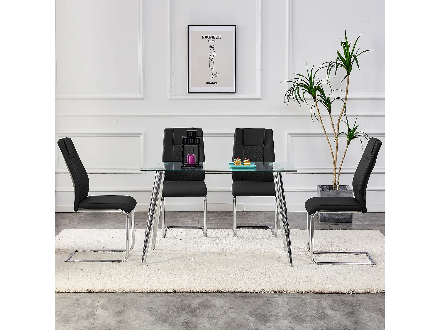 Lot de 4 Chaise cantilever en simili cuir - Pièds en métal - Dossier à motif losange - Noir