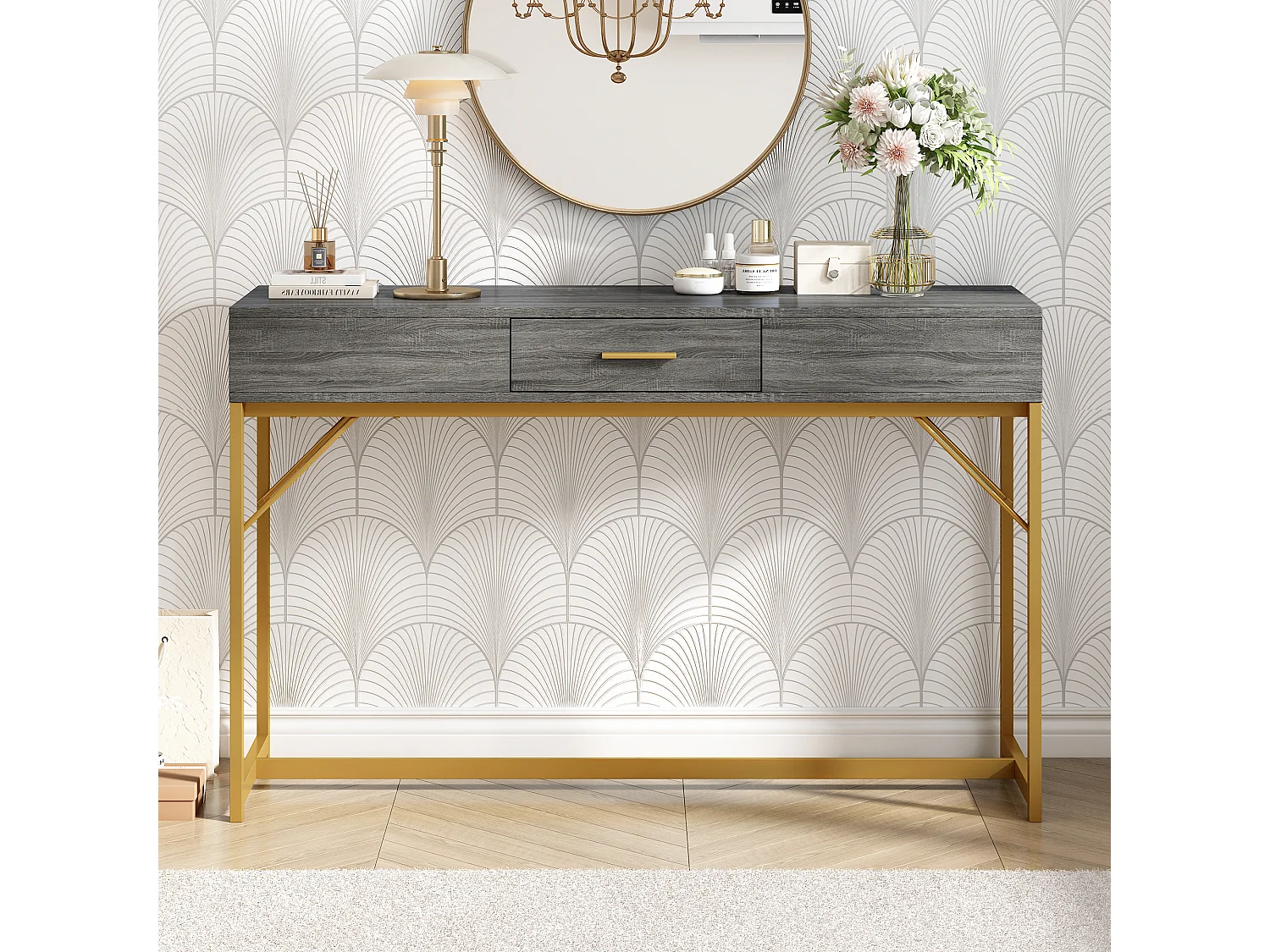 Console avec 1 tiroir - Pièds en métal doré - Gris - BLITZ