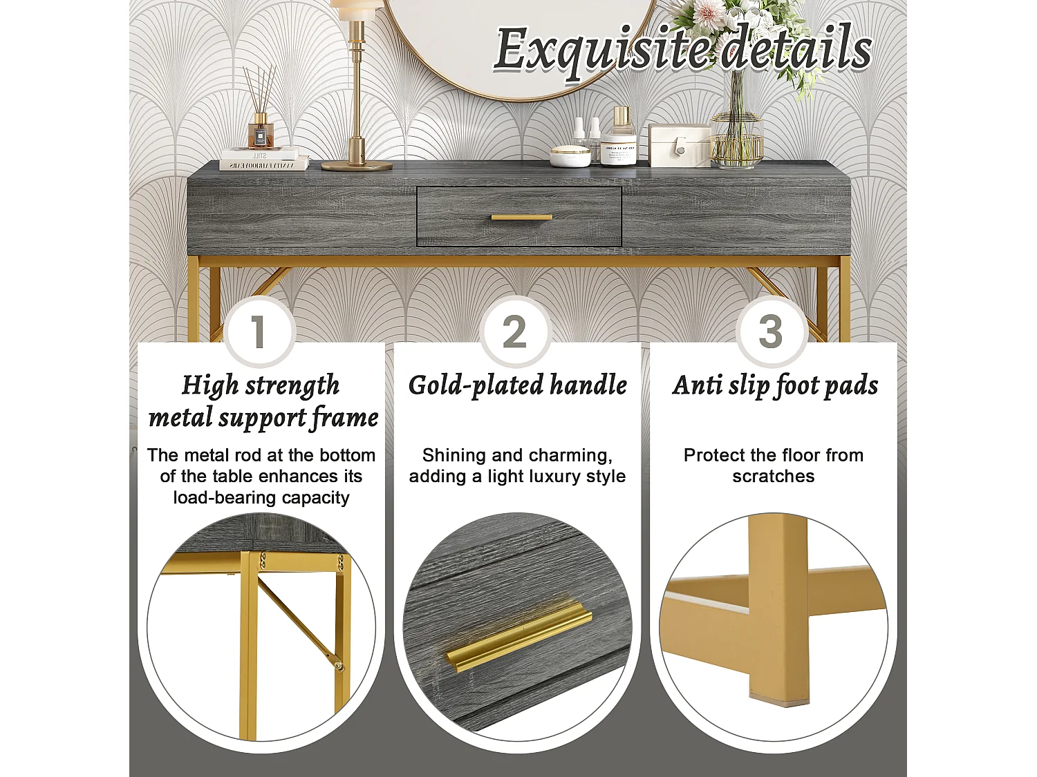 Console avec 1 tiroir - Pièds en métal doré - Gris - BLITZ