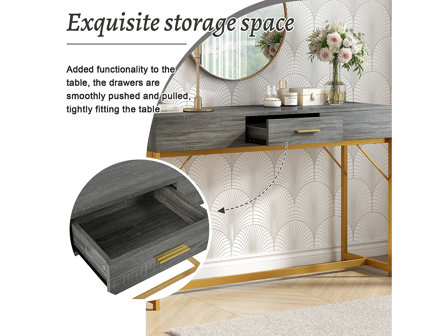 Console avec 1 tiroir - Pièds en métal doré - Gris - BLITZ