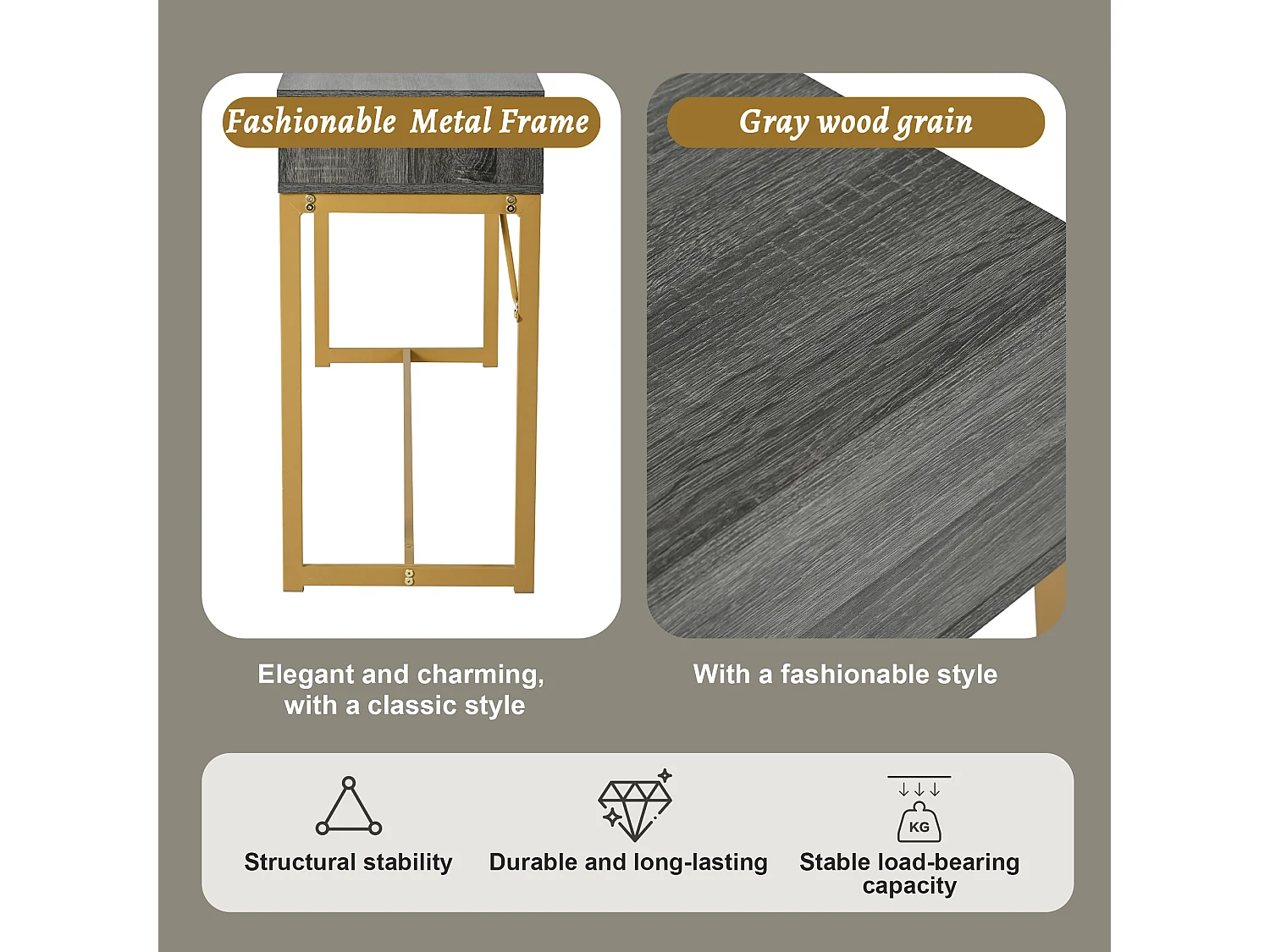 Console avec 1 tiroir - Pièds en métal doré - Gris - BLITZ