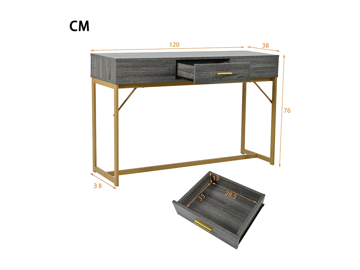 Console avec 1 tiroir - Pièds en métal doré - Gris - BLITZ