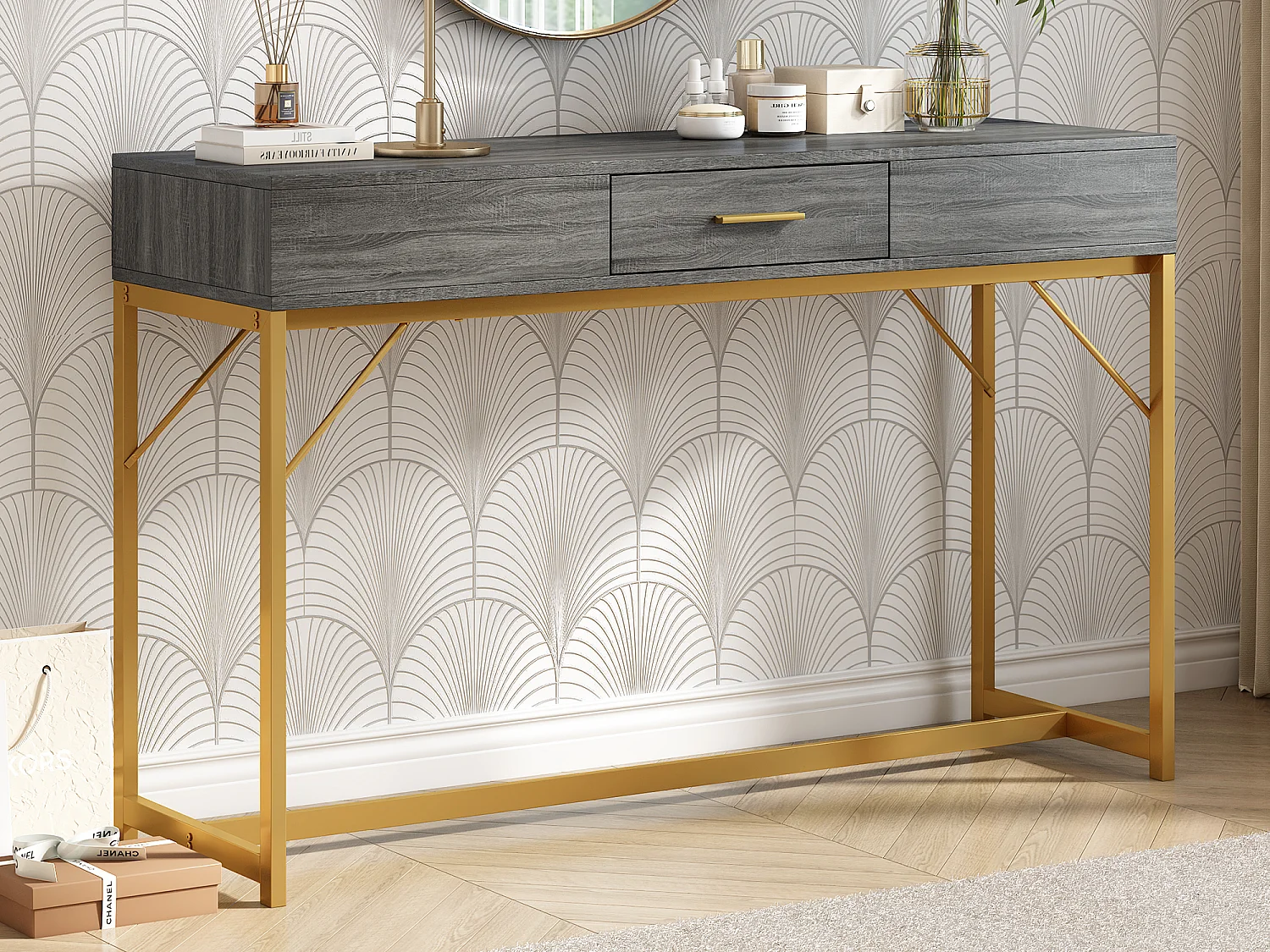 Console avec 1 tiroir - Pièds en métal doré - Gris - BLITZ