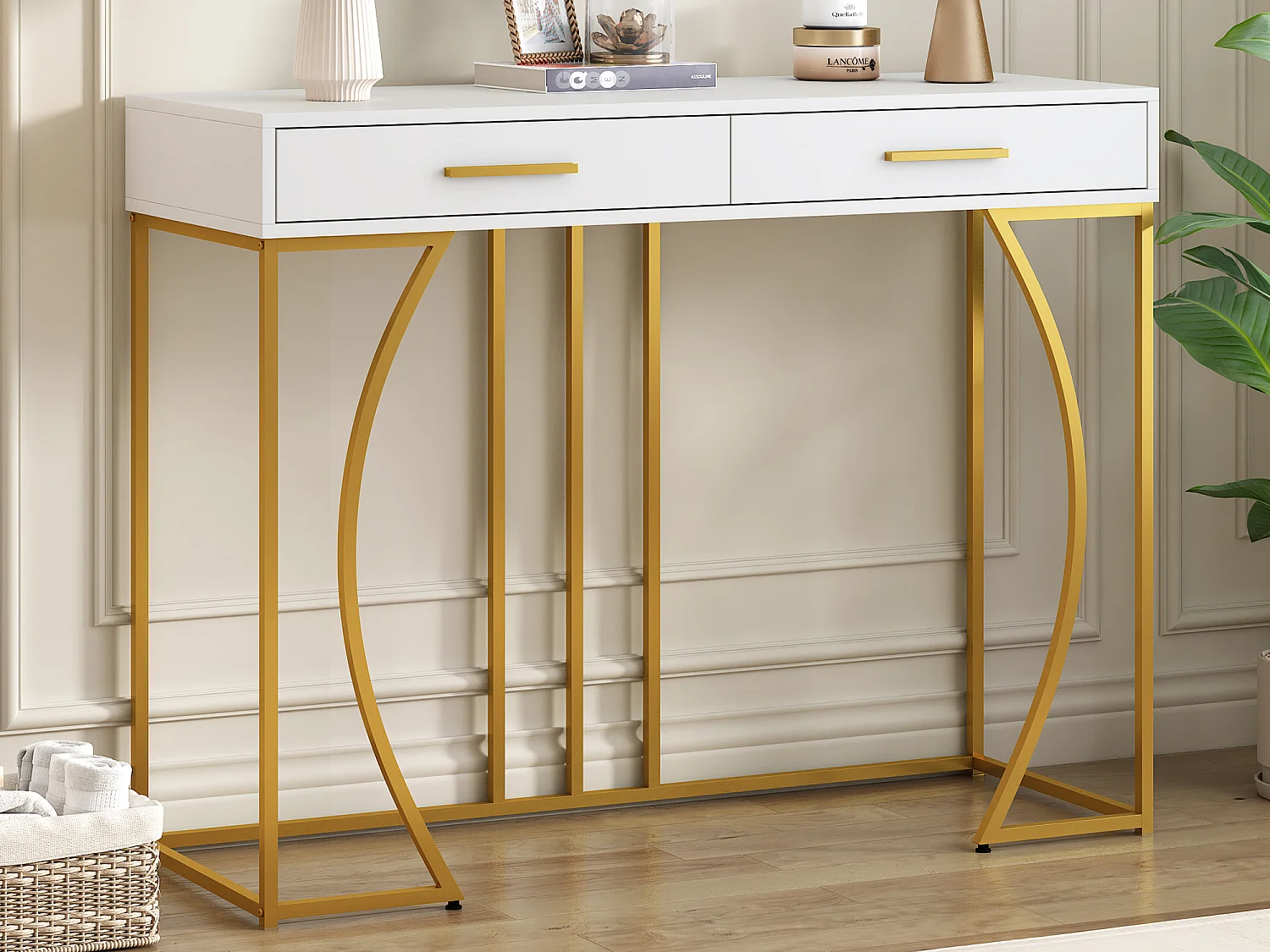 Consola com 2 gavetas - Pés em metal dourado - Branco - BLITZ