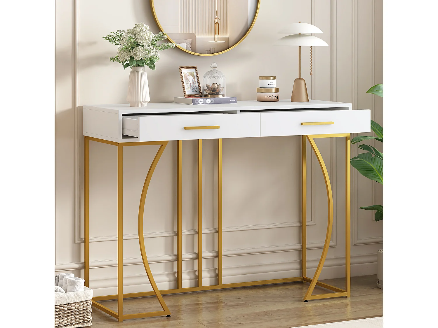 Consola com 2 gavetas - Pés em metal dourado - Branco - BLITZ