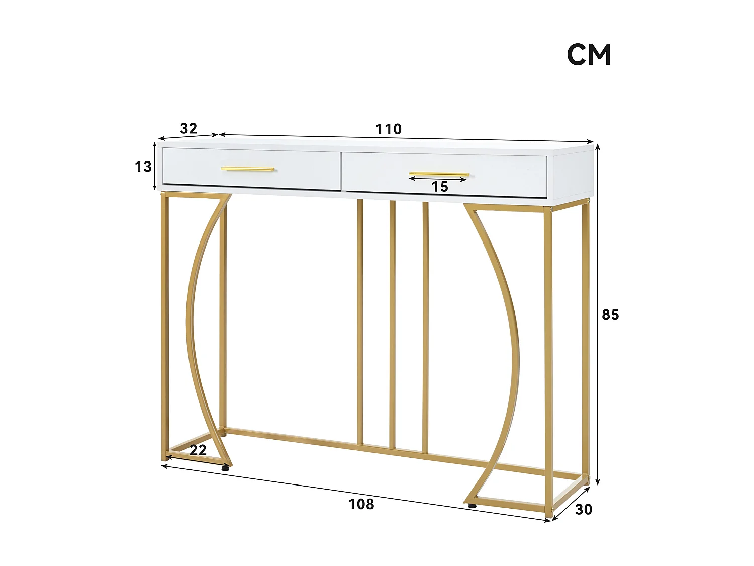 Console con 2 cassetti - Gambe in metallo dorato - Bianco - BLITZ