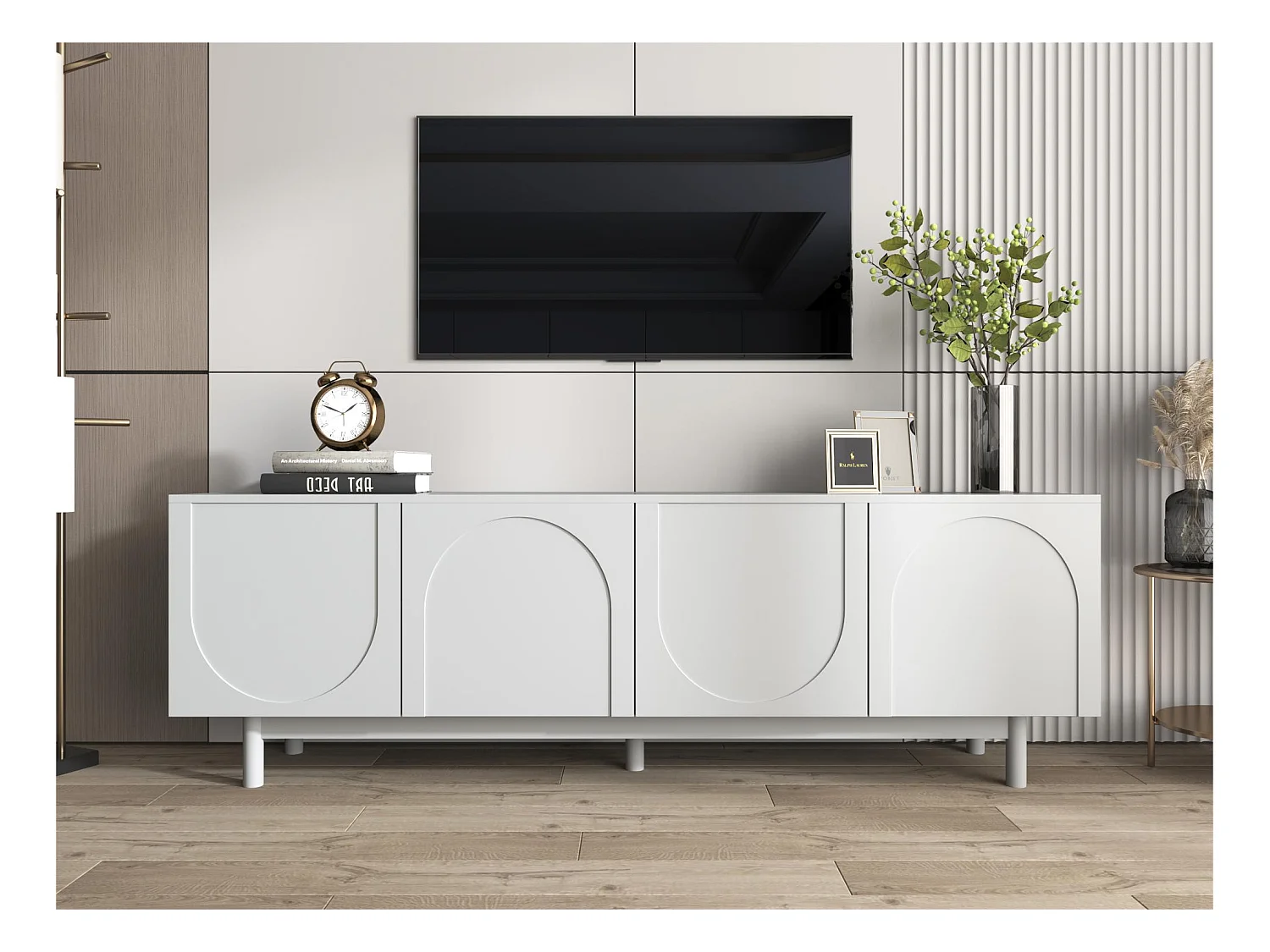 Meuble TV moderne - avec étagères réglables - en panneaux de particules - Blanc