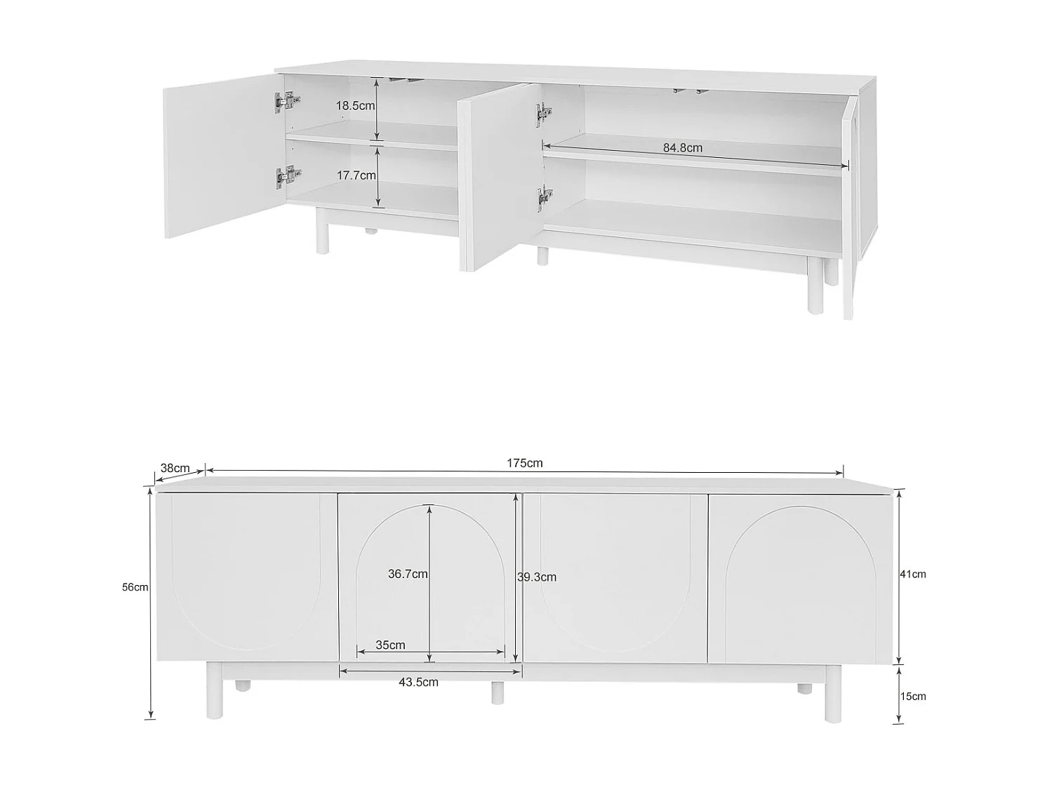 Meuble TV moderne - avec étagères réglables - en panneaux de particules - Blanc