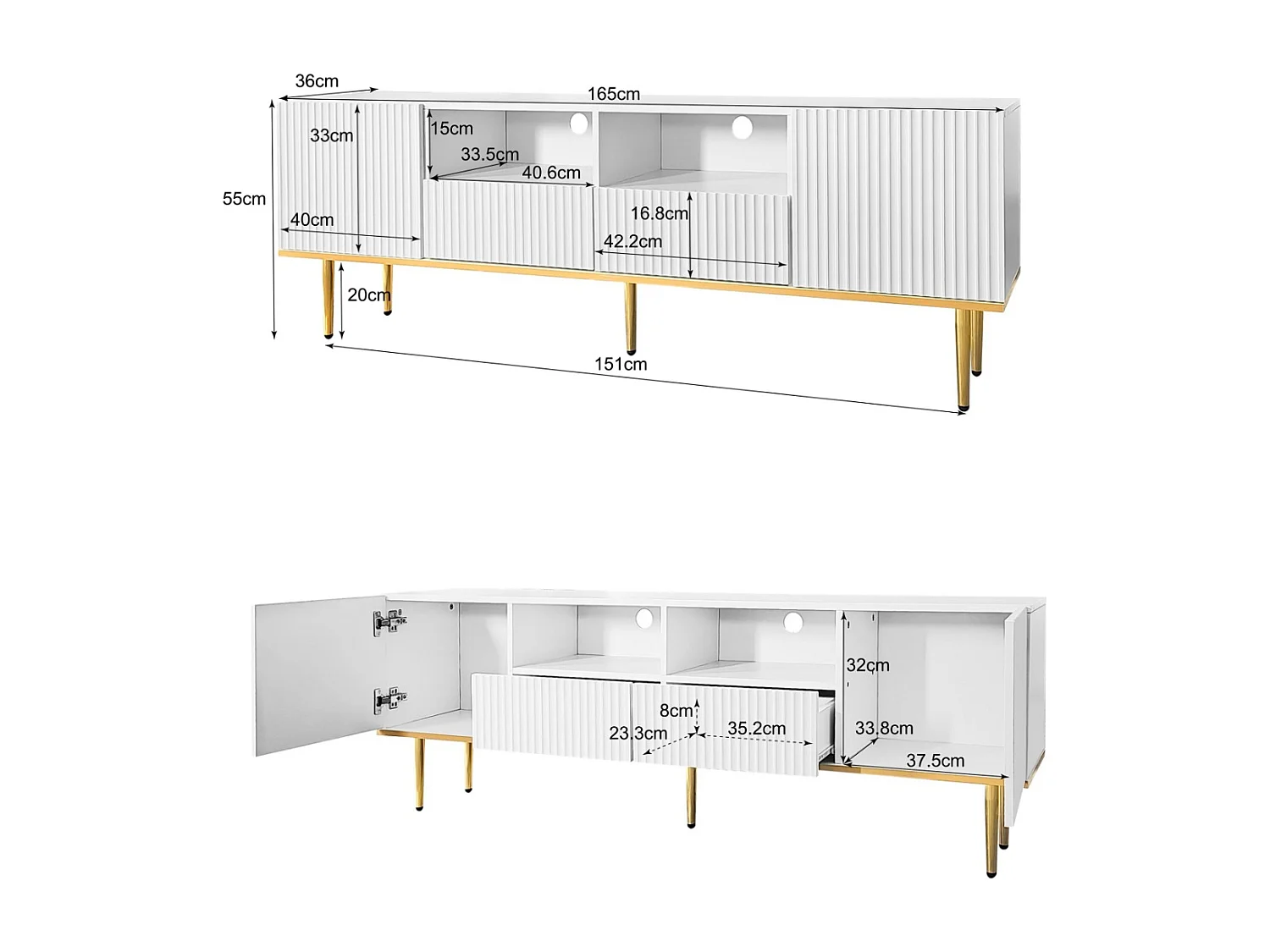 Moderner TV-Schrank – mit 2 Türen und 2 Schubladen – Metallbeine – Weiß