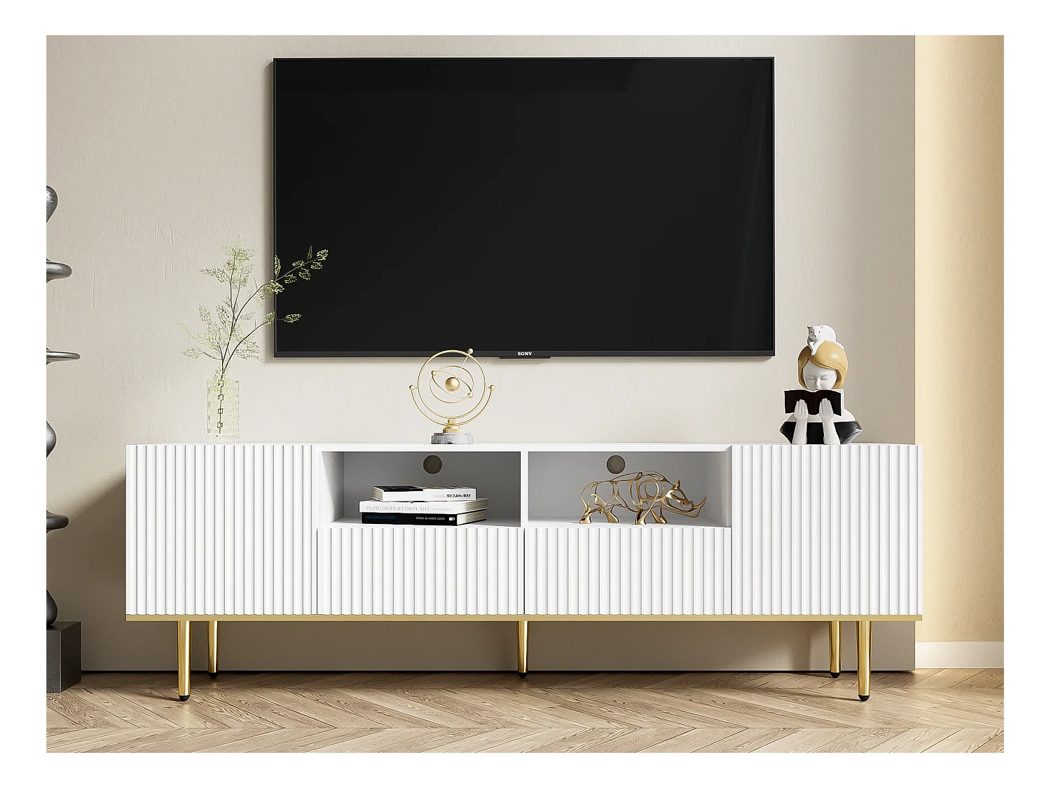 Nowoczesny mebel TV - z 2 drzwiami i 2 szufladami - metalowe nogi - Biały