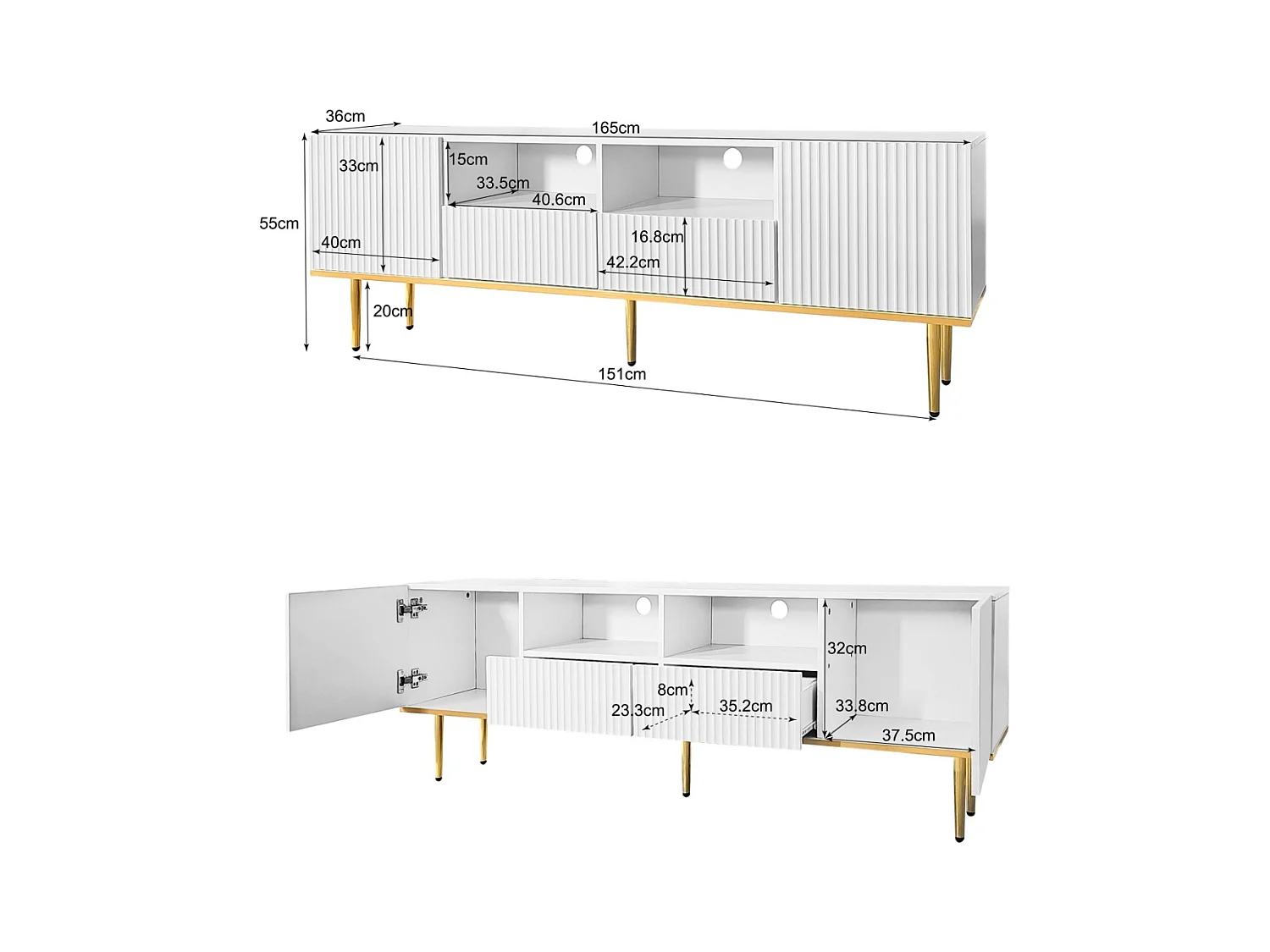 Meuble TV moderne - avec 2 portes et 2 tiroirs - pieds en métal - Blanc