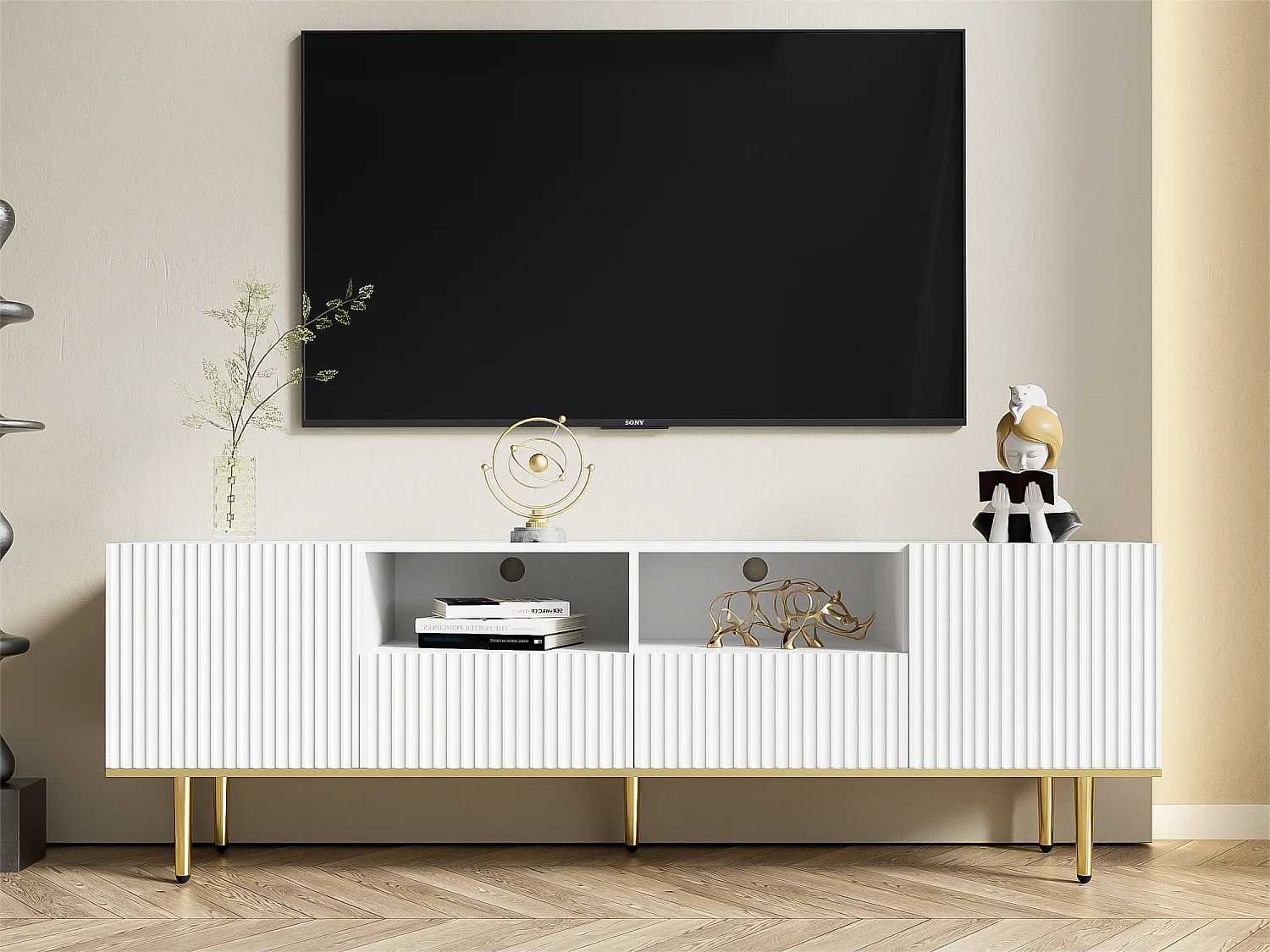 Meuble TV moderne - avec 2 portes et 2 tiroirs - pieds en métal - Blanc