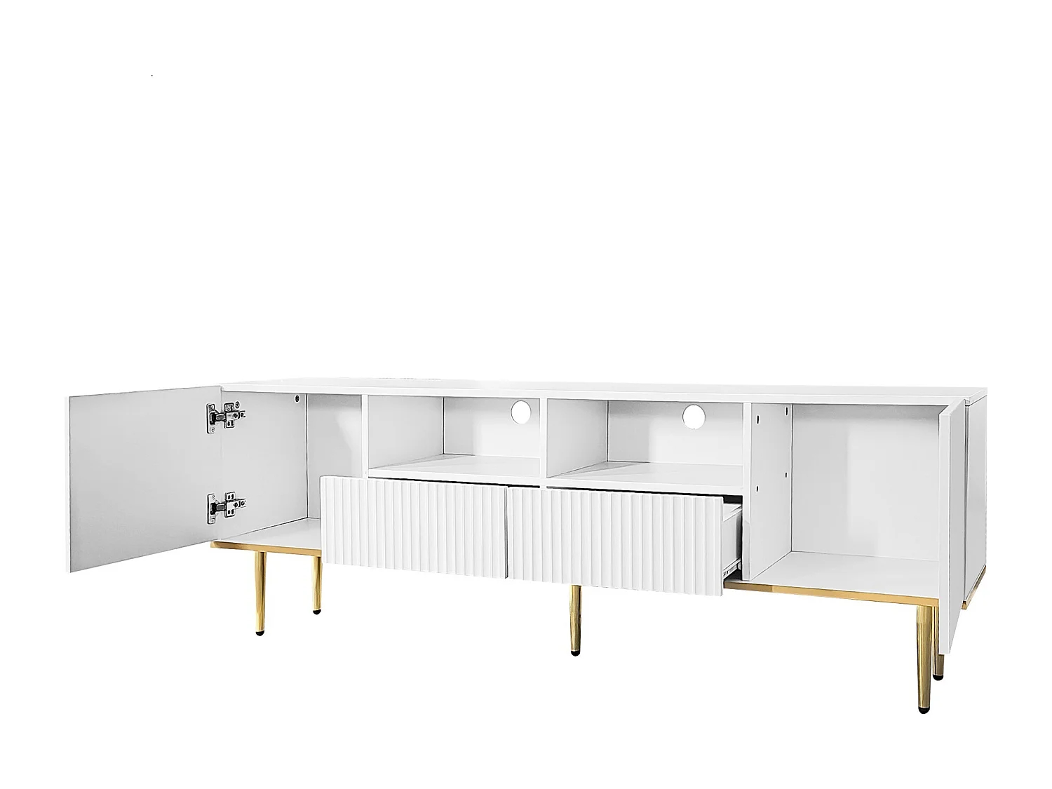 Meuble TV moderne - avec 2 portes et 2 tiroirs - pieds en métal - Blanc