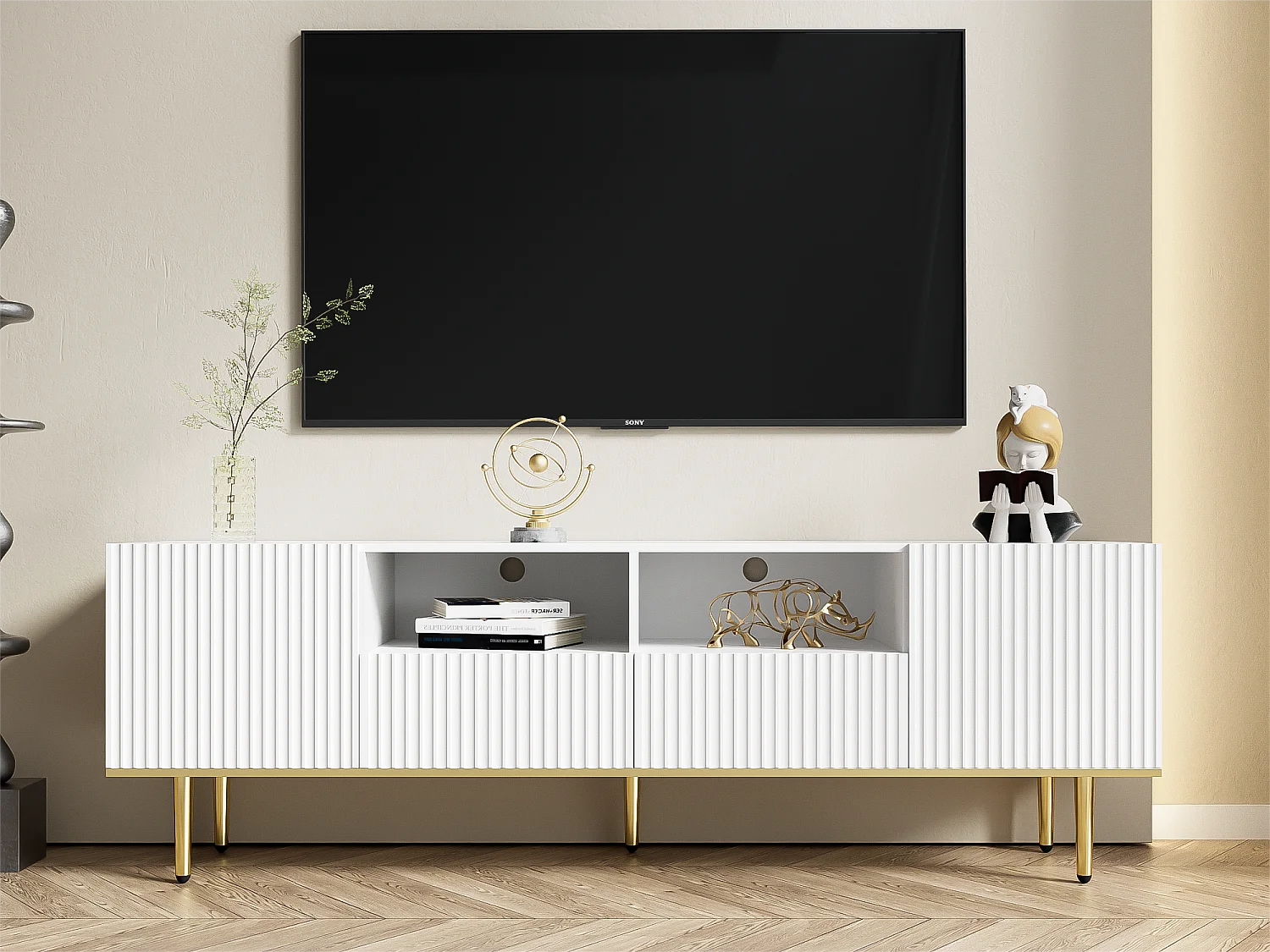 Meuble TV moderne - avec 2 portes et 2 tiroirs - pieds en métal - Blanc