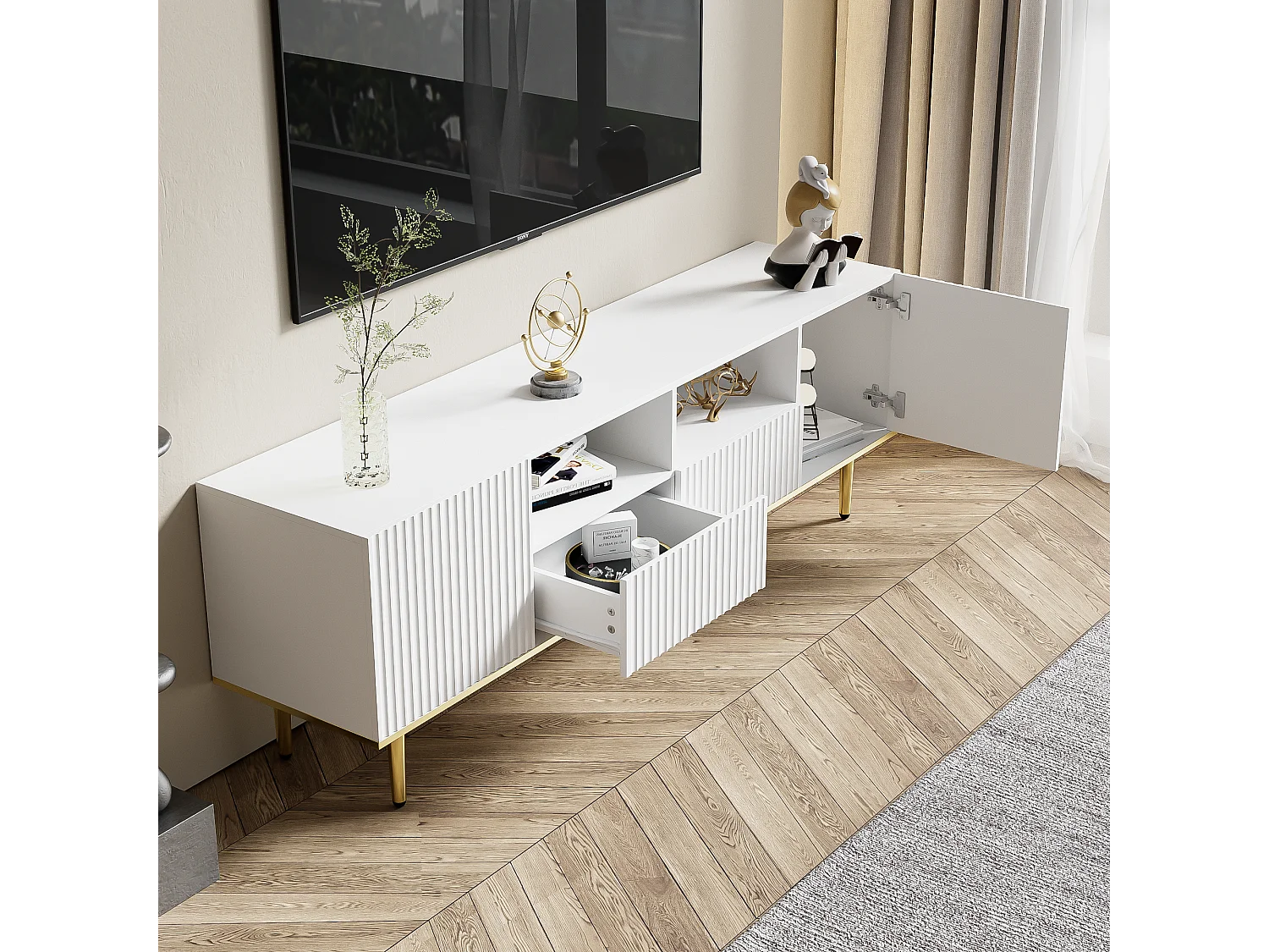 Meuble TV moderne - avec 2 portes et 2 tiroirs - pieds en métal - Blanc