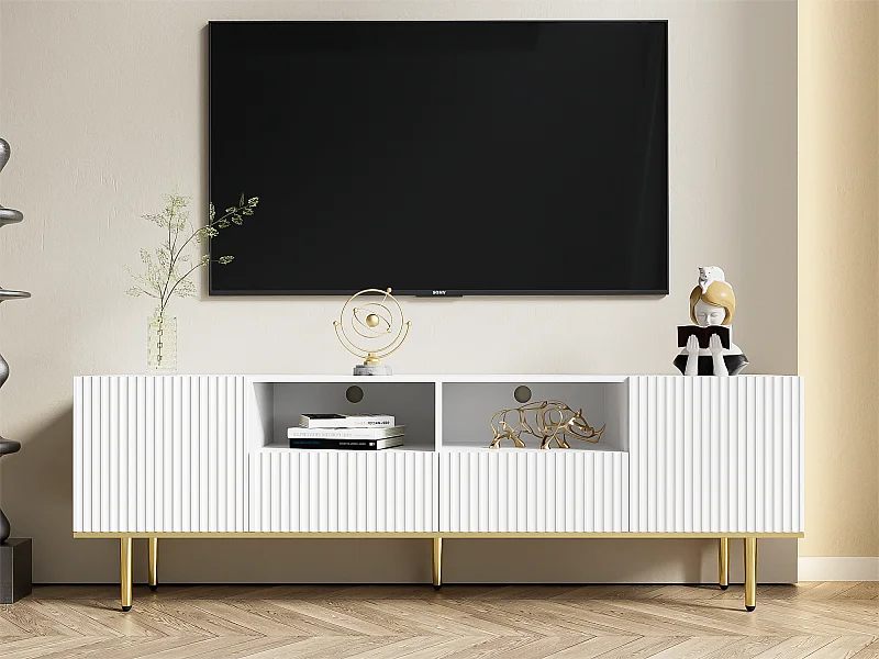 Meuble TV moderne - avec 2 portes et 2 tiroirs - pieds en métal - Blanc