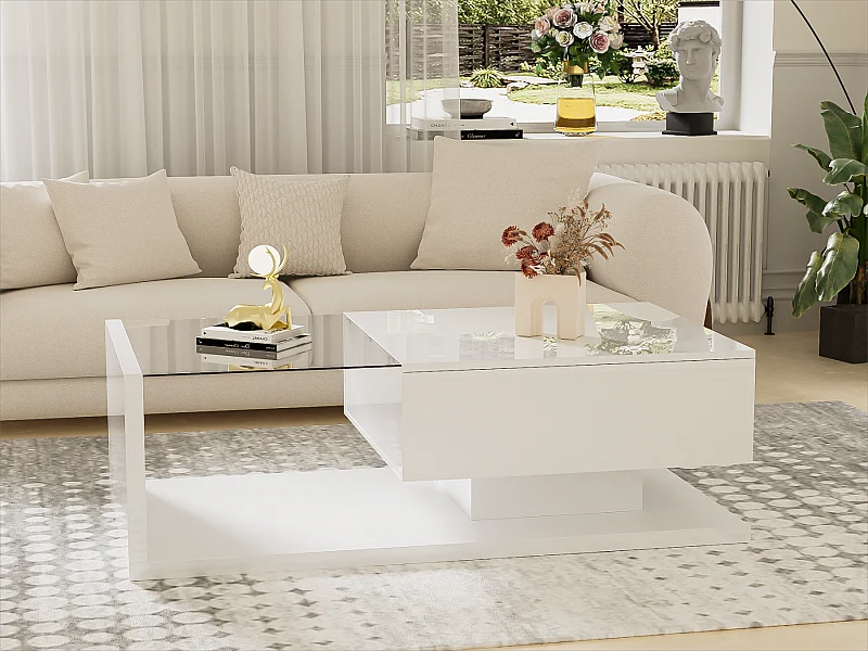 Salontafel met LED - glas en spaanplaat - Wit