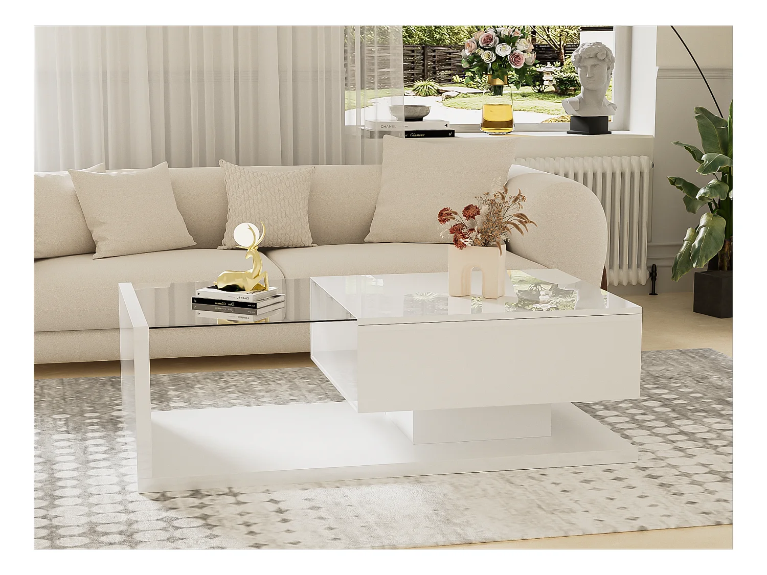 Salontafel met LED - glas en spaanplaat - Wit