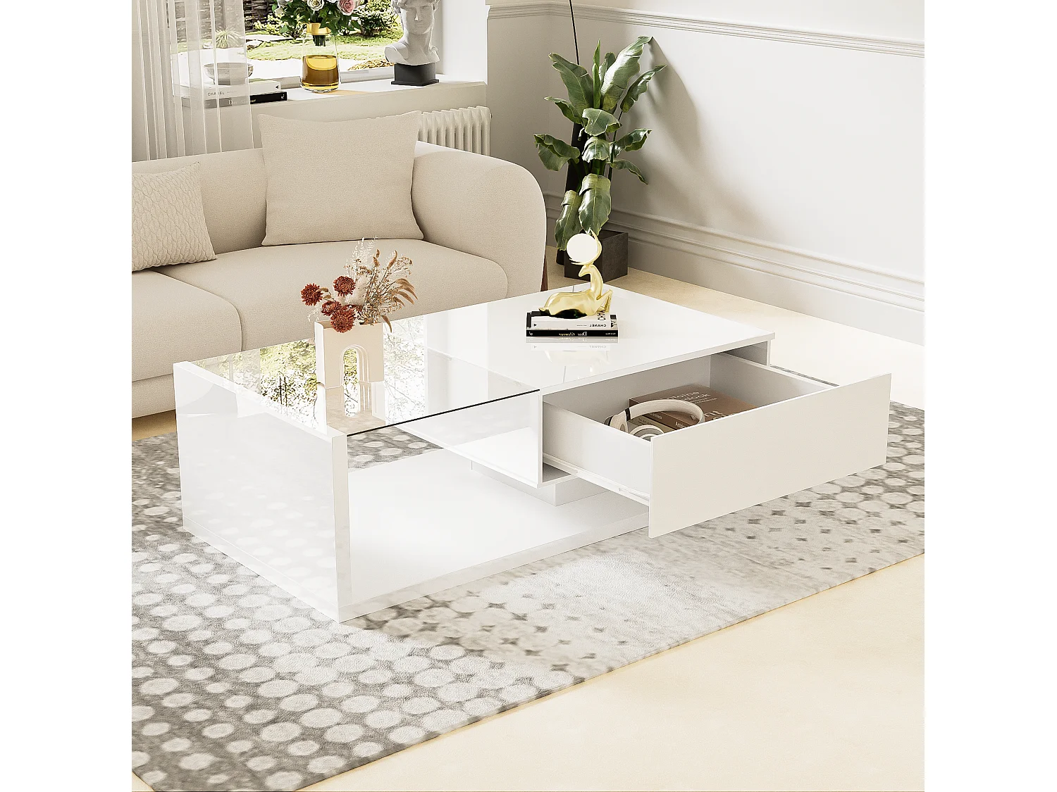 Table basse avec LED - en verre et panneaux de particules - Blanc