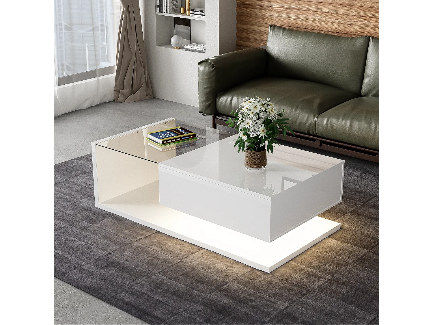 Couchtisch mit LED – Glas und Spanplatte – Weiß