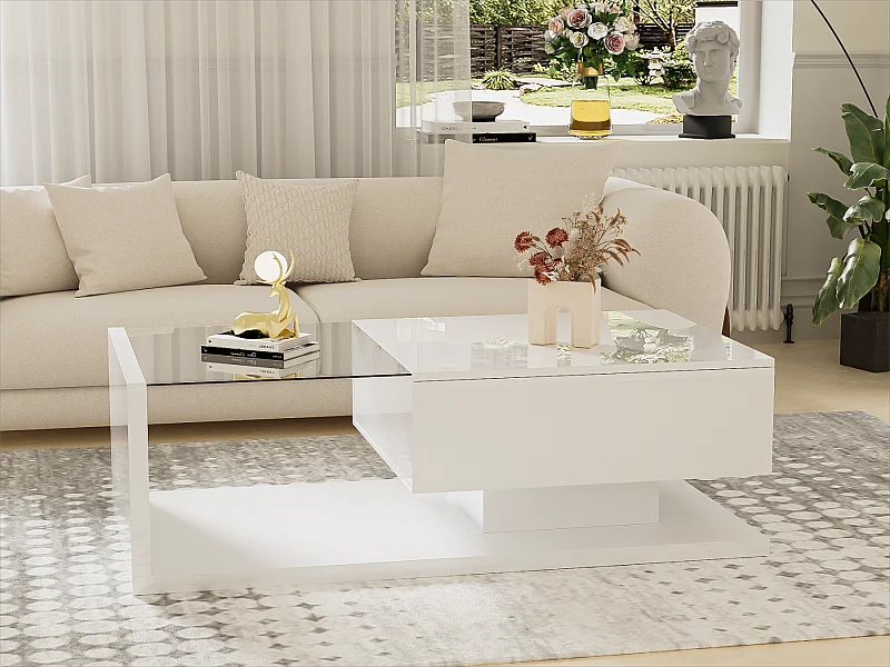 Mesa de centro com LED - vidro e aglomerado - Branco