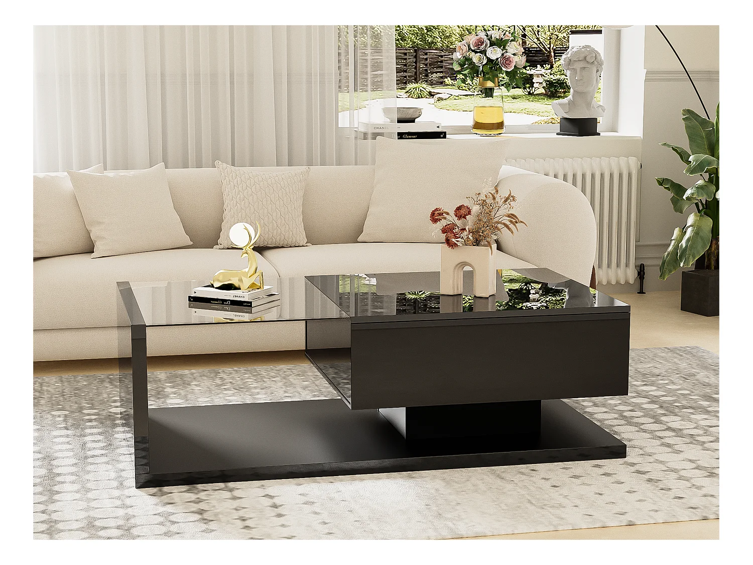Table basse avec LED - en verre et panneaux de particules - Noir