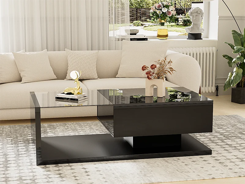 Table basse avec LED - en verre et panneaux de particules - Noir