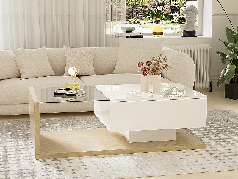 Stolik kawowy z LED - ze szkła i płyt wiórowych - naturalny