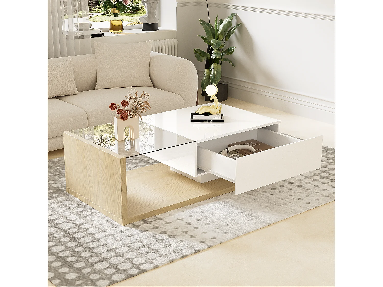 Table basse avec LED - en verre et panneaux de particules - Naturel