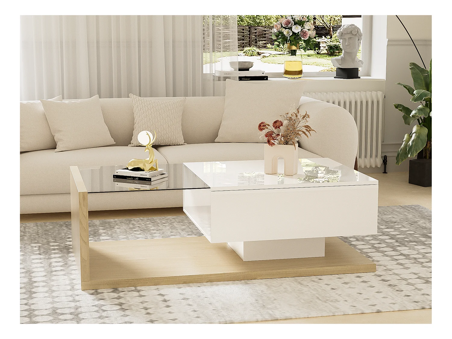 Couchtisch mit LED – Glas und Spanplatte – Natur