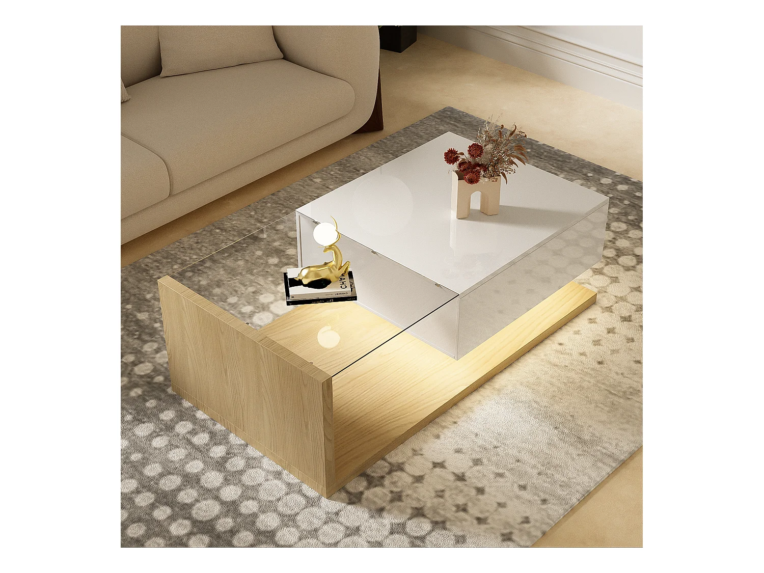 Couchtisch mit LED – Glas und Spanplatte – Natur