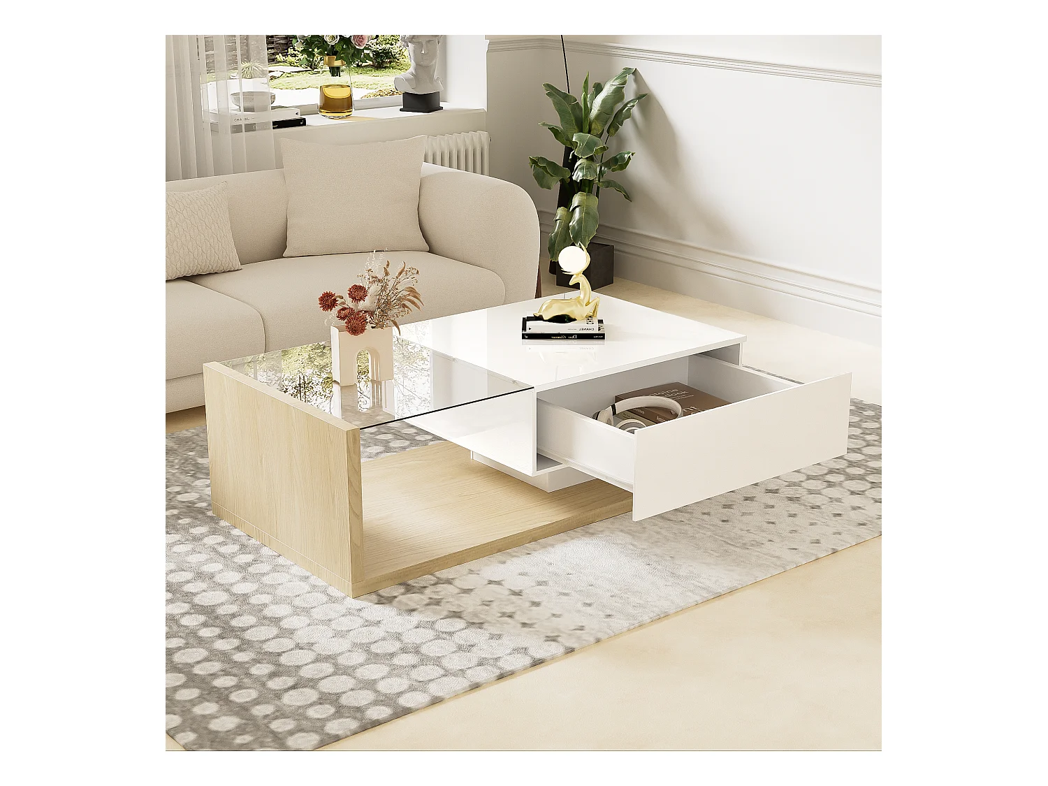 Couchtisch mit LED – Glas und Spanplatte – Natur