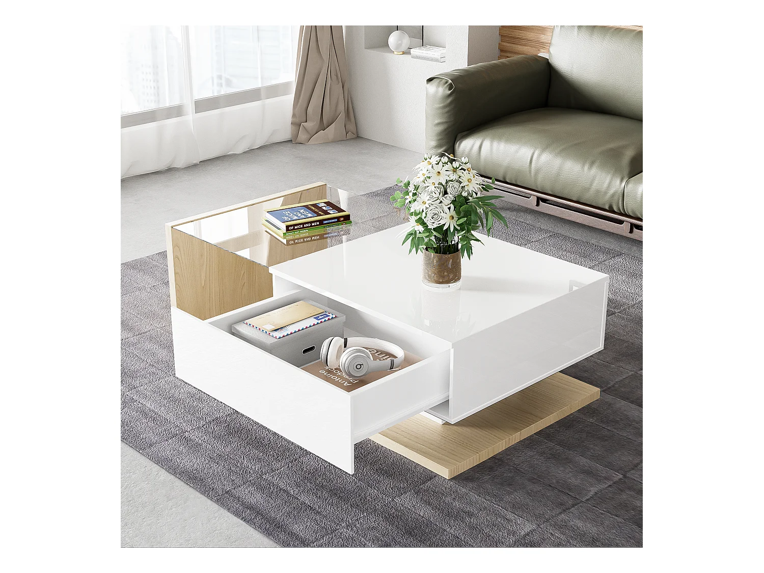 Couchtisch mit LED – Glas und Spanplatte – Natur
