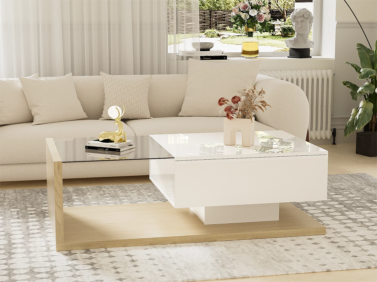 Couchtisch mit LED – Glas und Spanplatte – Natur