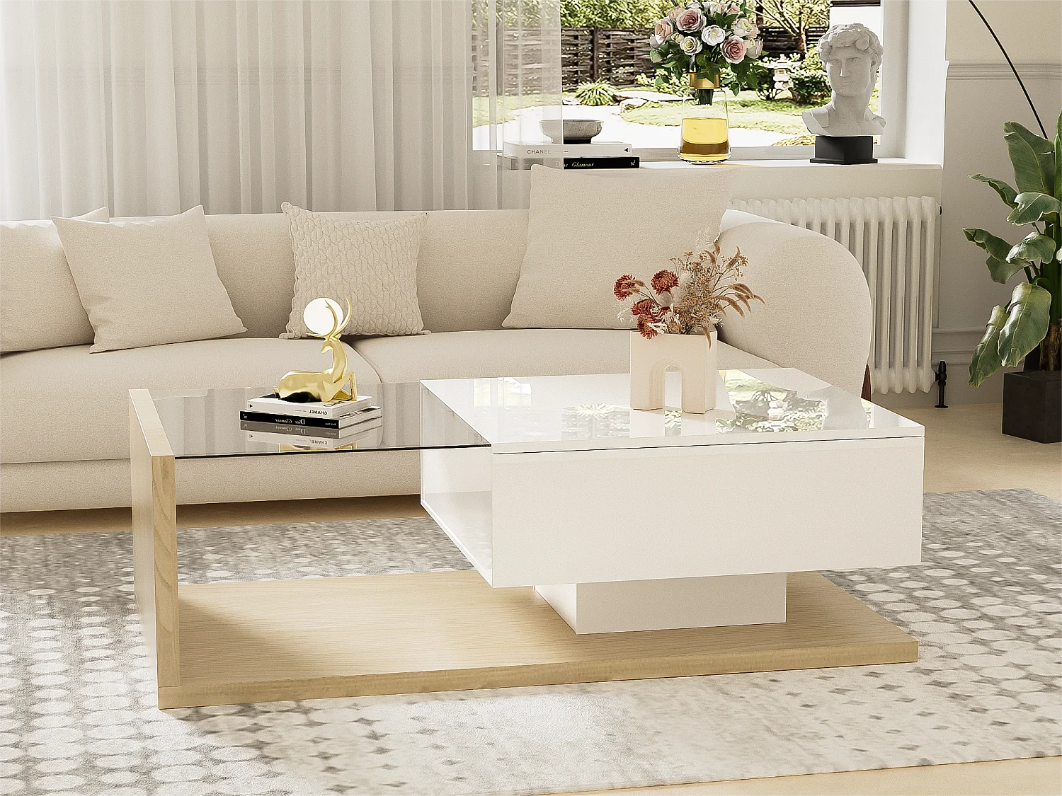 Table basse avec LED - en verre et panneaux de particules - Naturel