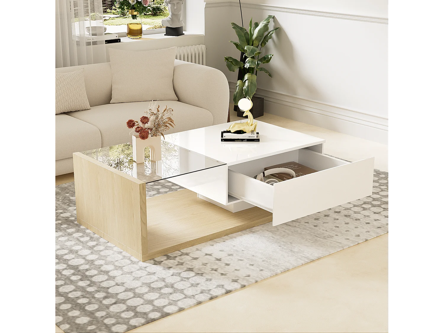 Table basse avec LED - en verre et panneaux de particules - Naturel