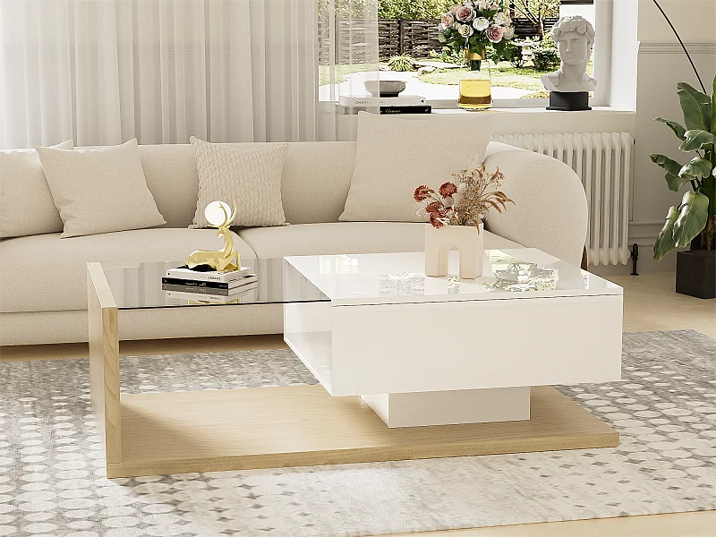 Table basse avec LED - en verre et panneaux de particules - Naturel