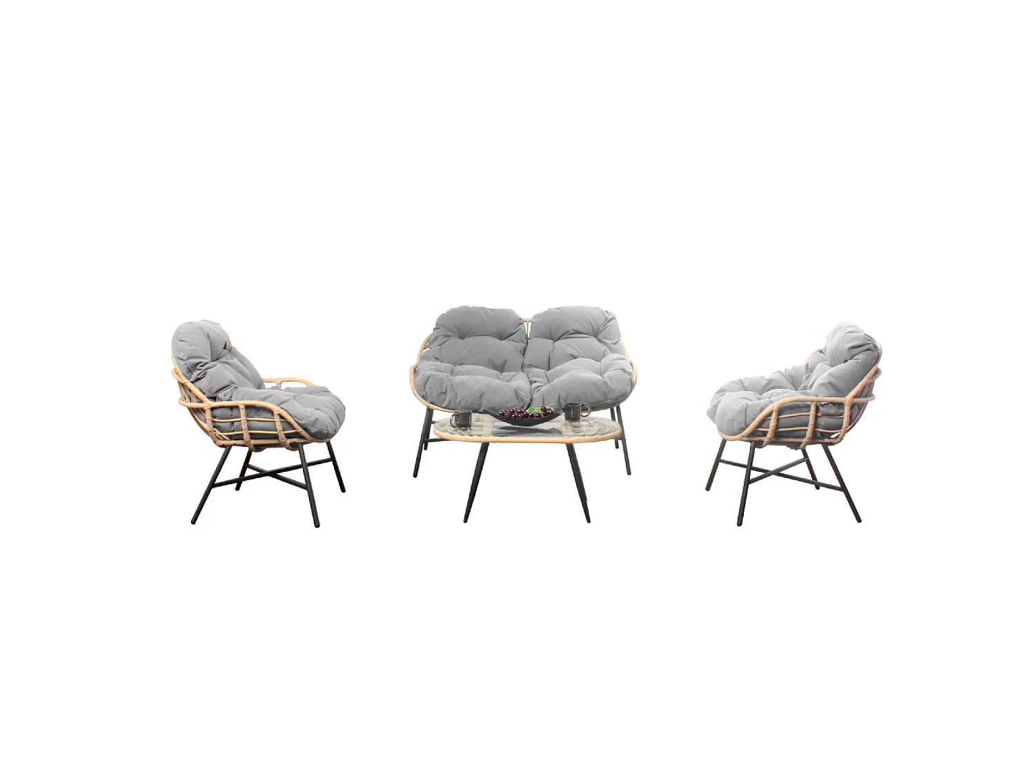 Loungeset 4-zits donkergrijs EVORA met rotan bank en fauteuils - Ovaal tafelblad van gehard glas