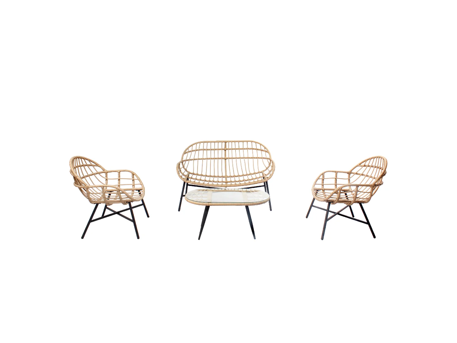 Loungeset 4-zits donkergrijs EVORA met rotan bank en fauteuils - Ovaal tafelblad van gehard glas