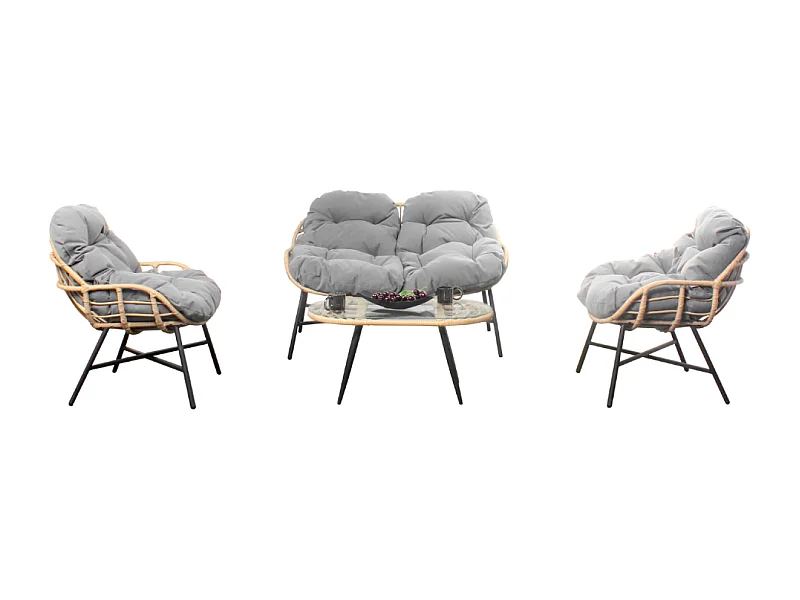 Loungeset 4-zits donkergrijs EVORA met rotan bank en fauteuils - Ovaal tafelblad van gehard glas