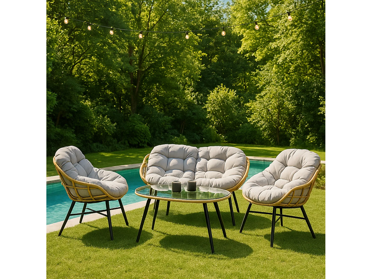 Tuinset 4 plaatsen beige EVORA met bank en fauteuils van rotan