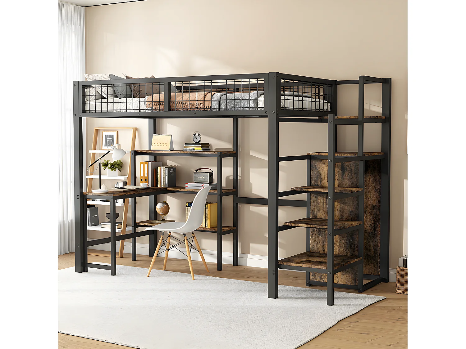 Lit superposé Lit 90x200 cm Lit jeune en fer ave table basse plusieurs étagères armoire encastrée noir